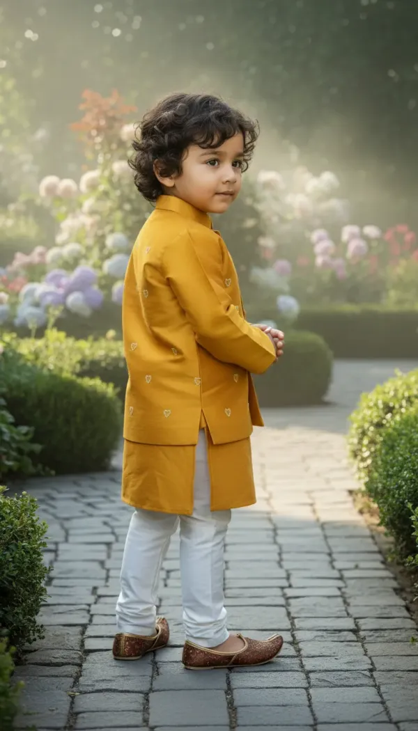 Yellow_&_White_Premiumtafetta_Silk_&_Buttercrepe_Lining_Heart_Pearl_Embroidery_Kurta,_Pajama_&_Jacket_Set_For_Kids