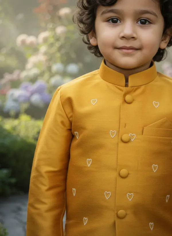 Yellow_&_White_Premiumtafetta_Silk_&_Buttercrepe_Lining_Heart_Pearl_Embroidery_Kurta,_Pajama_&_Jacket_Set_For_Kids
