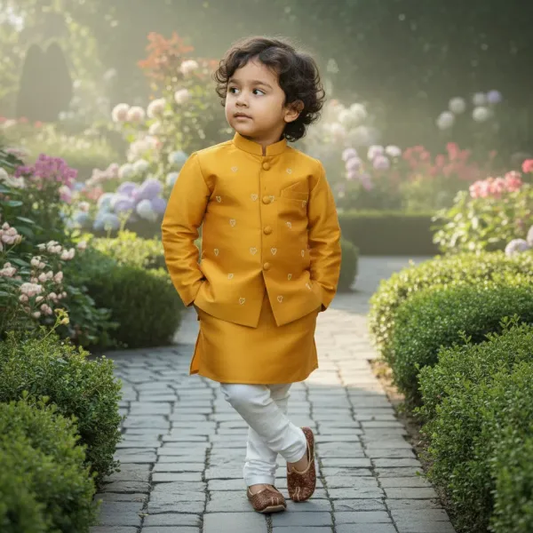 Yellow_&_White_Premiumtafetta_Silk_&_Buttercrepe_Lining_Heart_Pearl_Embroidery_Kurta,_Pajama_&_Jacket_Set_For_Kids