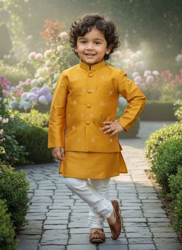 Yellow_&_White_Premiumtafetta_Silk_&_Buttercrepe_Lining_Heart_Pearl_Embroidery_Kurta,_Pajama_&_Jacket_Set_For_Kids