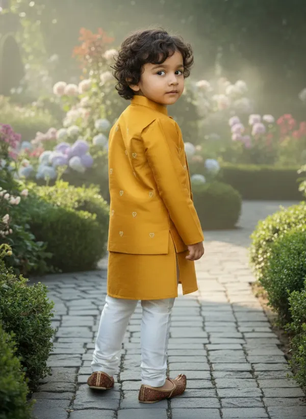 Yellow_&_White_Premiumtafetta_Silk_&_Buttercrepe_Lining_Heart_Pearl_Embroidery_Kurta,_Pajama_&_Jacket_Set_For_Kids