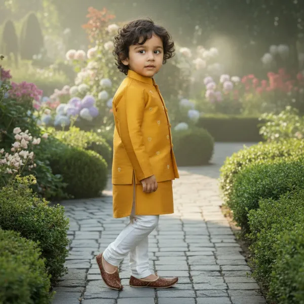 Yellow_&_White_Premiumtafetta_Silk_&_Buttercrepe_Lining_Heart_Pearl_Embroidery_Kurta,_Pajama_&_Jacket_Set_For_Kids