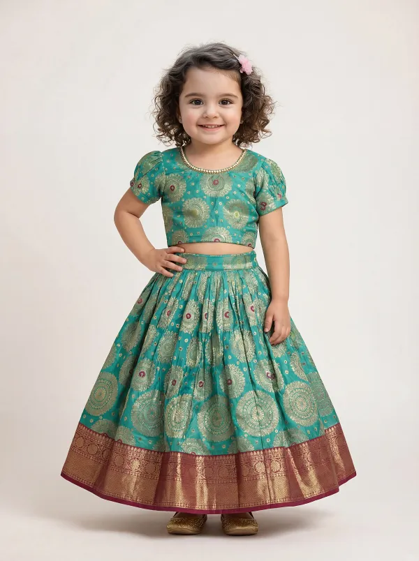 Green_Premiumbrocade_&_Butter_Crepe_Lining_Zari_Detailing_Brocade_Top_&_Lehenga_For_Kids
