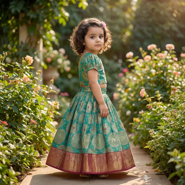 Green_Premiumbrocade_&_Butter_Crepe_Lining_Zari_Detailing_Brocade_Top_&_Lehenga_For_Kids