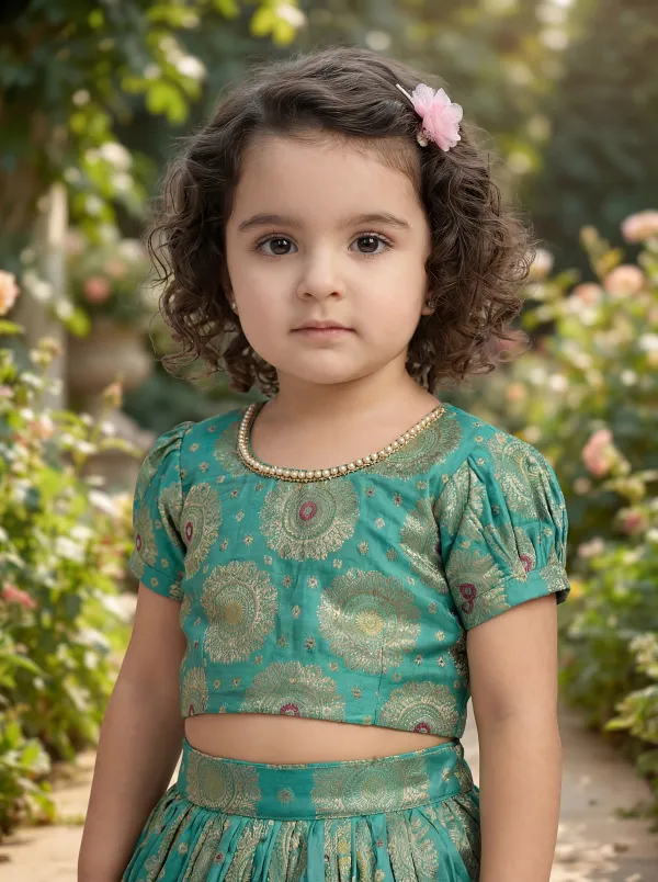 Green_Premiumbrocade_&_Butter_Crepe_Lining_Zari_Detailing_Brocade_Top_&_Lehenga_For_Kids