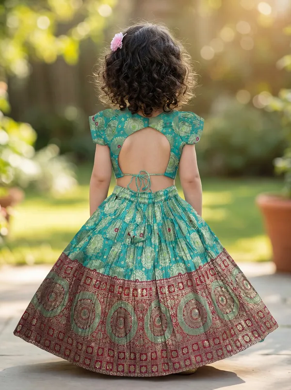 Green_Premiumbrocade_&_Butter_Crepe_Lining_Zari_Detailing_Brocade_Top_&_Lehenga_For_Kids