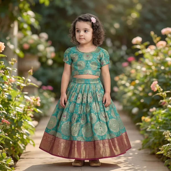 Green_Premiumbrocade_&_Butter_Crepe_Lining_Zari_Detailing_Brocade_Top_&_Lehenga_For_Kids