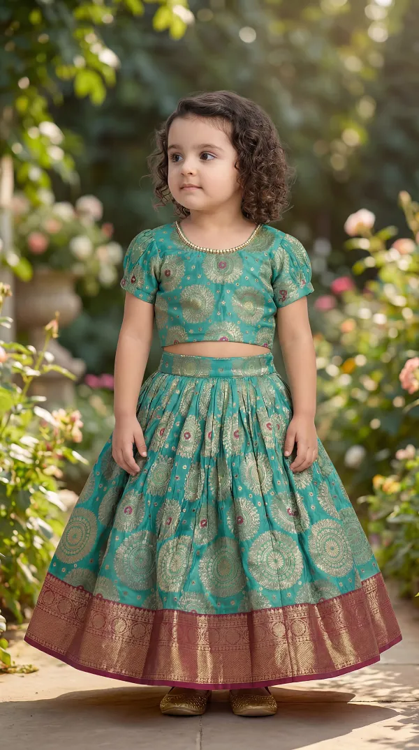 Green_Premiumbrocade_&_Butter_Crepe_Lining_Zari_Detailing_Brocade_Top_&_Lehenga_For_Kids
