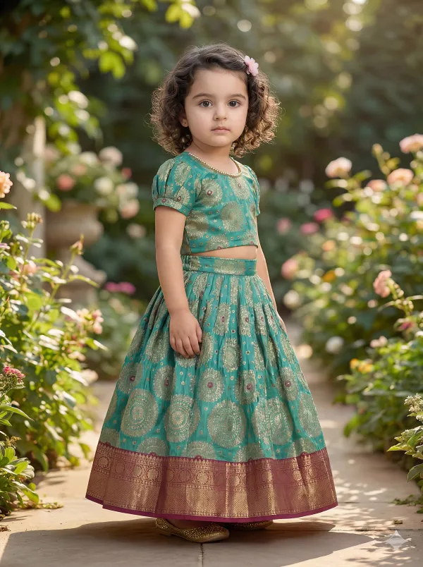 Green_Premiumbrocade_&_Butter_Crepe_Lining_Zari_Detailing_Brocade_Top_&_Lehenga_For_Kids