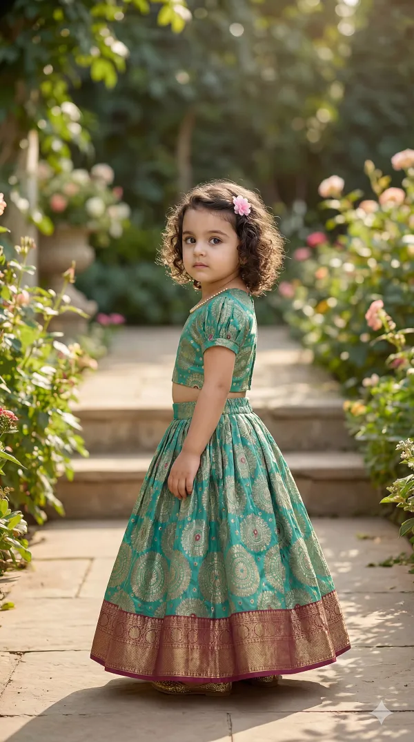 Green_Premiumbrocade_&_Butter_Crepe_Lining_Zari_Detailing_Brocade_Top_&_Lehenga_For_Kids