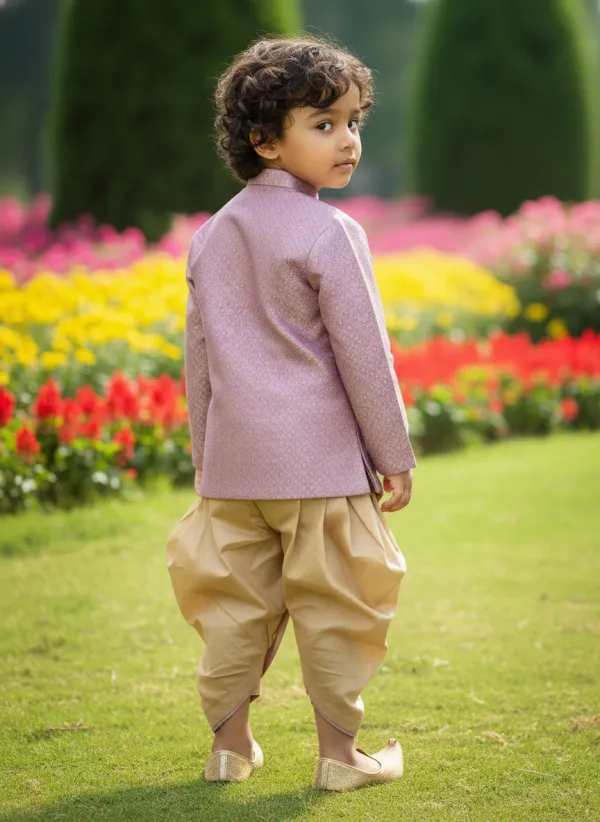 Purple_&_Golden_Premiumbanarasi_Brocade_&_Cotton_Silk_&_Cotton_Lining_Brocade_Hand_Embroidery_Overlap_Sherwani_With_Dhoti_For_Kids