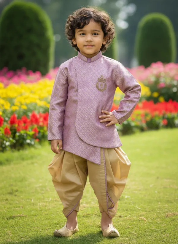 Purple_&_Golden_Premiumbanarasi_Brocade_&_Cotton_Silk_&_Cotton_Lining_Brocade_Hand_Embroidery_Overlap_Sherwani_With_Dhoti_For_Kids