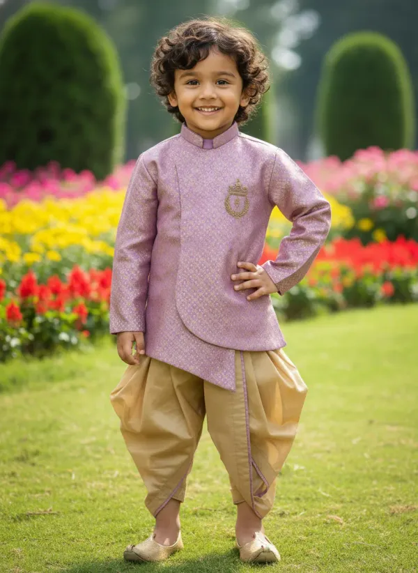 Purple_&_Golden_Premiumbanarasi_Brocade_&_Cotton_Silk_&_Cotton_Lining_Brocade_Hand_Embroidery_Overlap_Sherwani_With_Dhoti_For_Kids