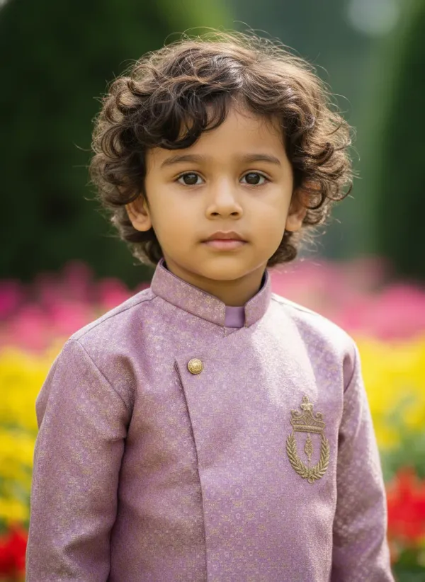 Purple_&_Golden_Premiumbanarasi_Brocade_&_Cotton_Silk_&_Cotton_Lining_Brocade_Hand_Embroidery_Overlap_Sherwani_With_Dhoti_For_Kids