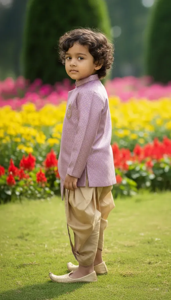 Purple_&_Golden_Premiumbanarasi_Brocade_&_Cotton_Silk_&_Cotton_Lining_Brocade_Hand_Embroidery_Overlap_Sherwani_With_Dhoti_For_Kids