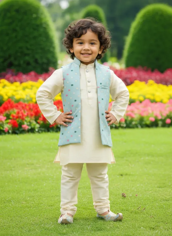 Pastel_Blue_&_Gold_Premiumbanarasi_Silk_&_Art_Silk_Nehru_Jacket_&_Kurta_Pajama_For_Kids