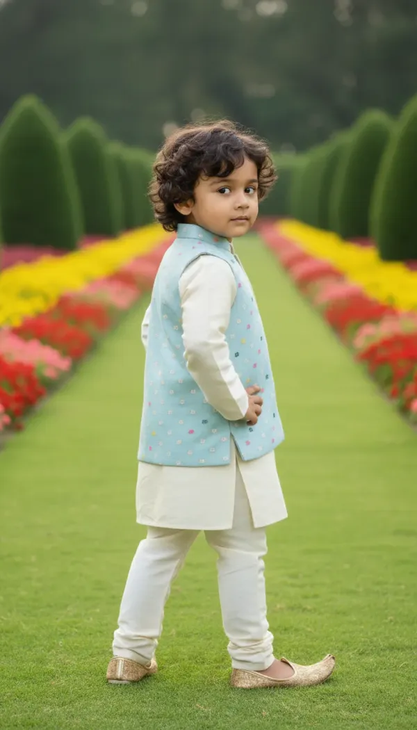 Pastel_Blue_&_Gold_Premiumbanarasi_Silk_&_Art_Silk_Nehru_Jacket_&_Kurta_Pajama_For_Kids