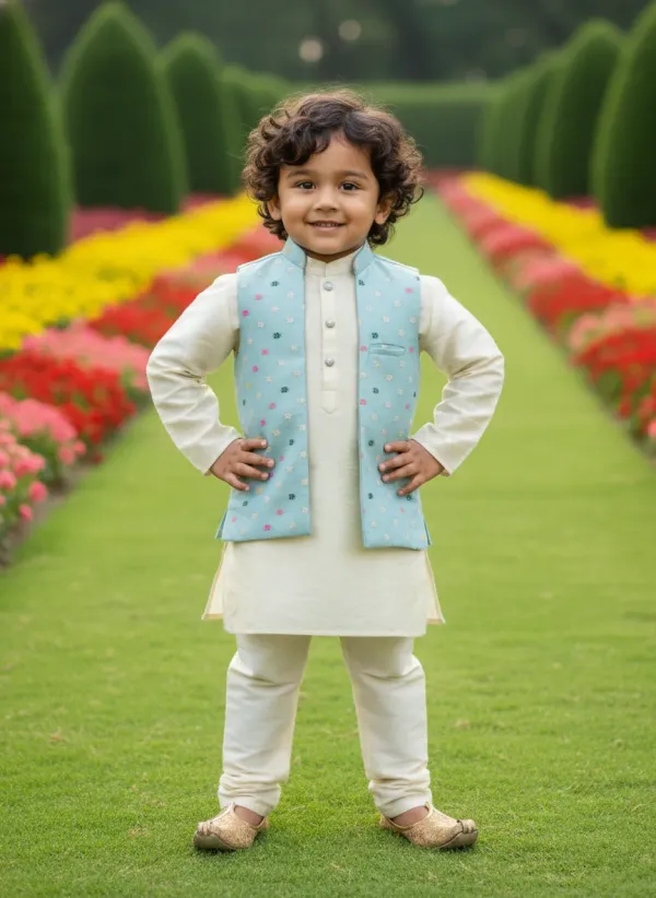 Pastel_Blue_&_Gold_Premiumbanarasi_Silk_&_Art_Silk_Nehru_Jacket_&_Kurta_Pajama_For_Kids