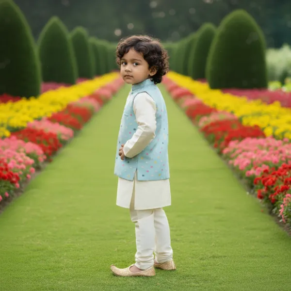 Pastel_Blue_&_Gold_Premiumbanarasi_Silk_&_Art_Silk_Nehru_Jacket_&_Kurta_Pajama_For_Kids