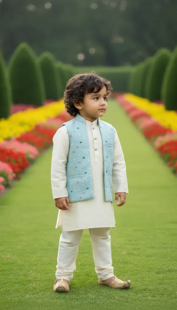 Pastel_Blue_&_Gold_Premiumbanarasi_Silk_&_Art_Silk_Nehru_Jacket_&_Kurta_Pajama_For_Kids