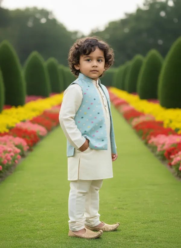 Pastel_Blue_&_Gold_Premiumbanarasi_Silk_&_Art_Silk_Nehru_Jacket_&_Kurta_Pajama_For_Kids