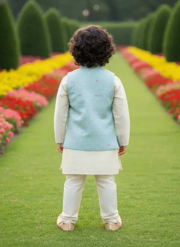 Pastel_Blue_&_Gold_Premiumbanarasi_Silk_&_Art_Silk_Nehru_Jacket_&_Kurta_Pajama_For_Kids