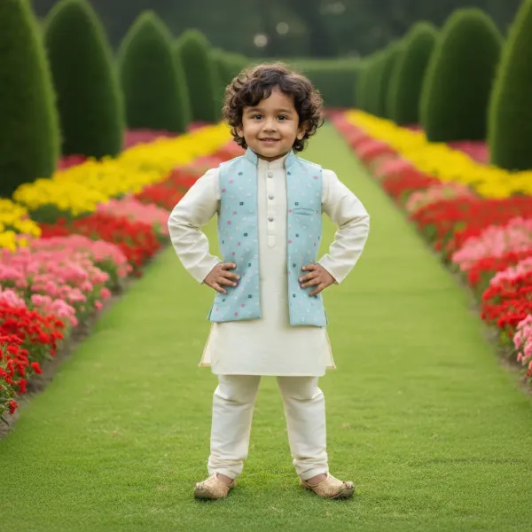 Pastel_Blue_&_Gold_Premiumbanarasi_Silk_&_Art_Silk_Nehru_Jacket_&_Kurta_Pajama_For_Kids