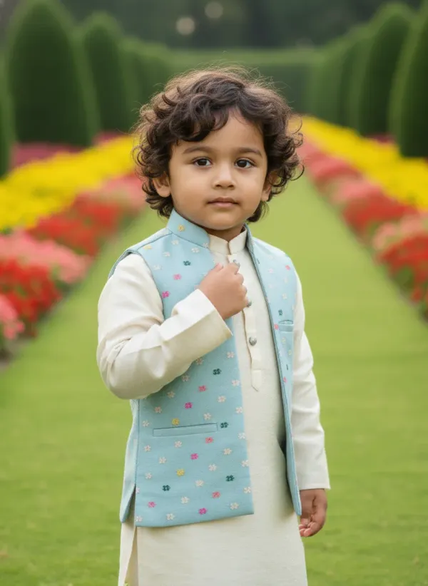 Pastel_Blue_&_Gold_Premiumbanarasi_Silk_&_Art_Silk_Nehru_Jacket_&_Kurta_Pajama_For_Kids