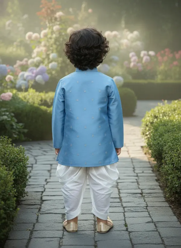 Blue_&_White_Premiumsilk_&_Art_Silk_&_Cotton_Silk_Embroidery_Kurta_&_Dhoti_Set_For_Kids