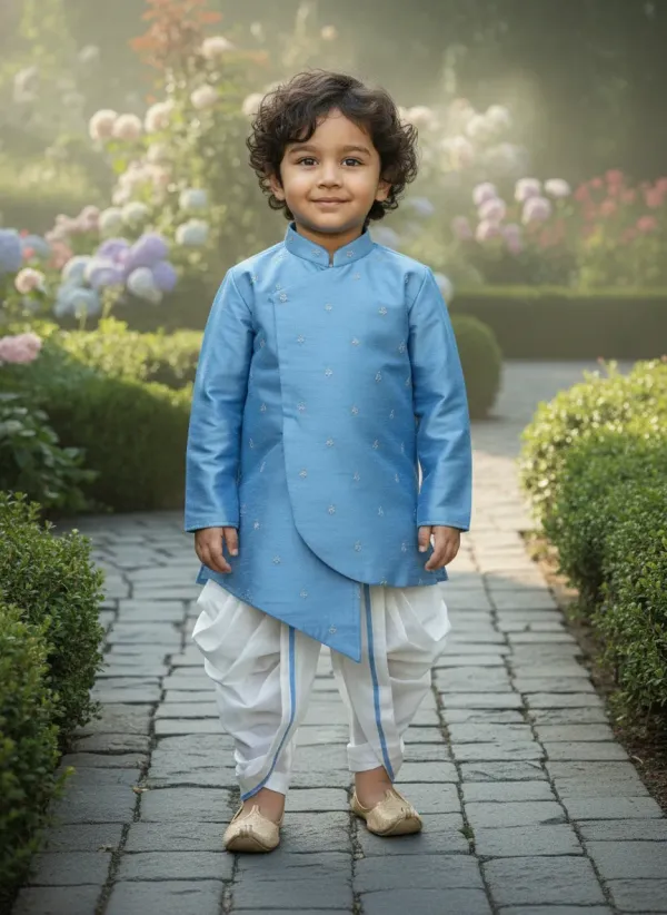 Blue_&_White_Premiumsilk_&_Art_Silk_&_Cotton_Silk_Embroidery_Kurta_&_Dhoti_Set_For_Kids