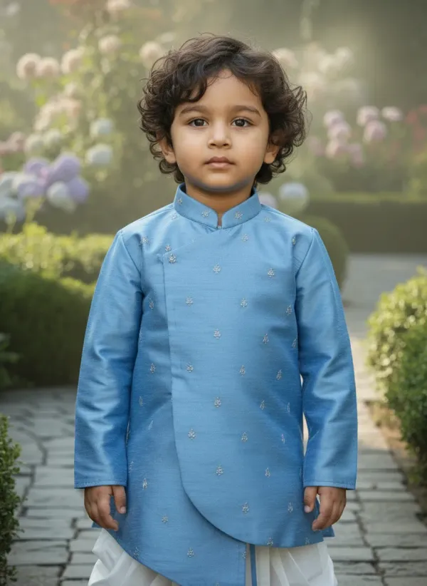 Blue_&_White_Premiumsilk_&_Art_Silk_&_Cotton_Silk_Embroidery_Kurta_&_Dhoti_Set_For_Kids
