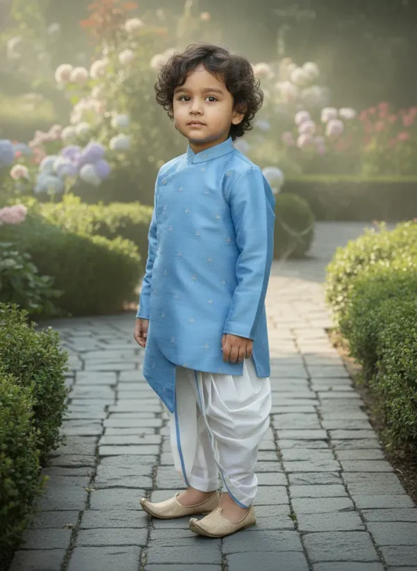 Blue_&_White_Premiumsilk_&_Art_Silk_&_Cotton_Silk_Embroidery_Kurta_&_Dhoti_Set_For_Kids