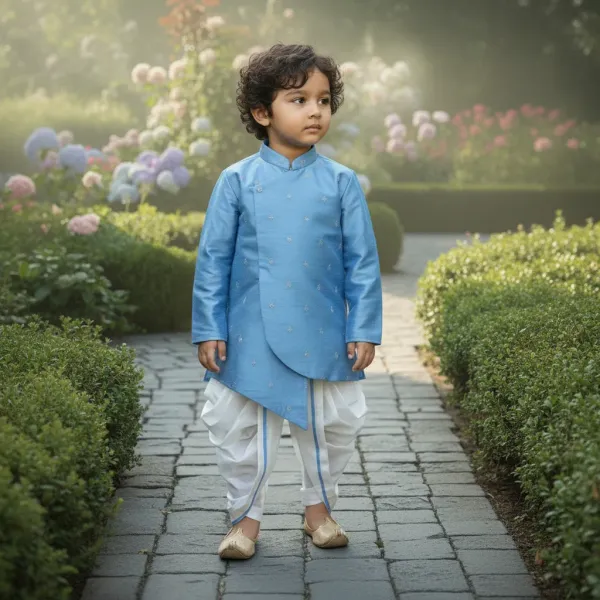 Blue_&_White_Premiumsilk_&_Art_Silk_&_Cotton_Silk_Embroidery_Kurta_&_Dhoti_Set_For_Kids