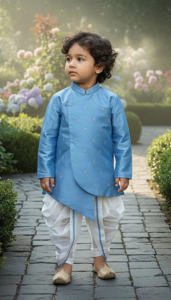 Blue_&_White_Premiumsilk_&_Art_Silk_&_Cotton_Silk_Embroidery_Kurta_&_Dhoti_Set_For_Kids