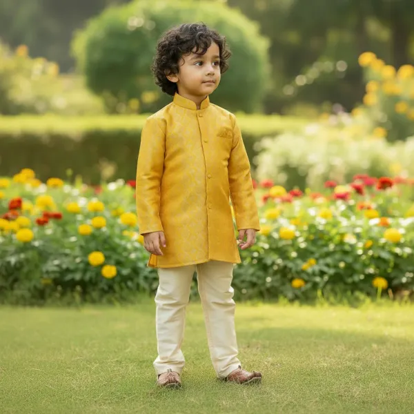 Mustard_Yellow_&_Golden_Premiumbanarasi_Brocade_&_Cotton_Silk_&_Cotton_Lining_Brocade_Sherwani_Set_For_Kids