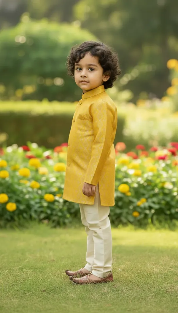 Mustard_Yellow_&_Golden_Premiumbanarasi_Brocade_&_Cotton_Silk_&_Cotton_Lining_Brocade_Sherwani_Set_For_Kids