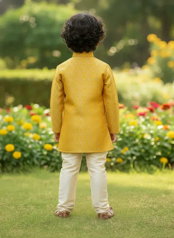 Mustard_Yellow_&_Golden_Premiumbanarasi_Brocade_&_Cotton_Silk_&_Cotton_Lining_Brocade_Sherwani_Set_For_Kids