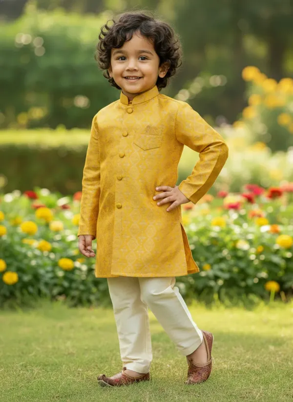 Mustard_Yellow_&_Golden_Premiumbanarasi_Brocade_&_Cotton_Silk_&_Cotton_Lining_Brocade_Sherwani_Set_For_Kids