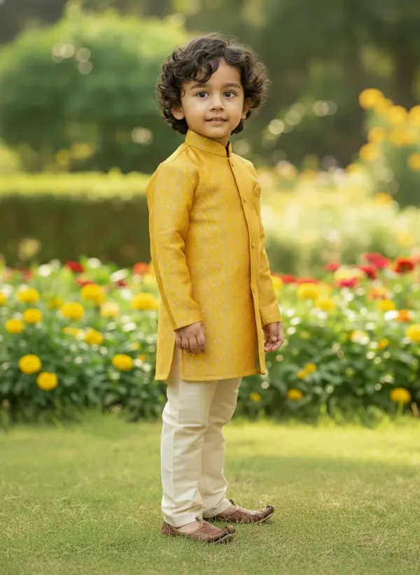 Mustard_Yellow_&_Golden_Premiumbanarasi_Brocade_&_Cotton_Silk_&_Cotton_Lining_Brocade_Sherwani_Set_For_Kids