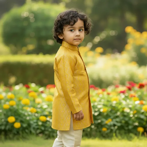 Mustard_Yellow_&_Golden_Premiumbanarasi_Brocade_&_Cotton_Silk_&_Cotton_Lining_Brocade_Sherwani_Set_For_Kids