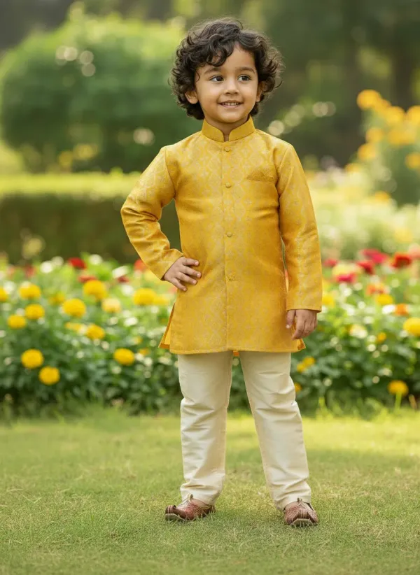 Mustard_Yellow_&_Golden_Premiumbanarasi_Brocade_&_Cotton_Silk_&_Cotton_Lining_Brocade_Sherwani_Set_For_Kids