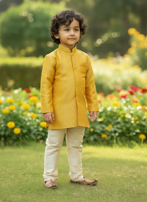 Mustard_Yellow_&_Golden_Premiumbanarasi_Brocade_&_Cotton_Silk_&_Cotton_Lining_Brocade_Sherwani_Set_For_Kids