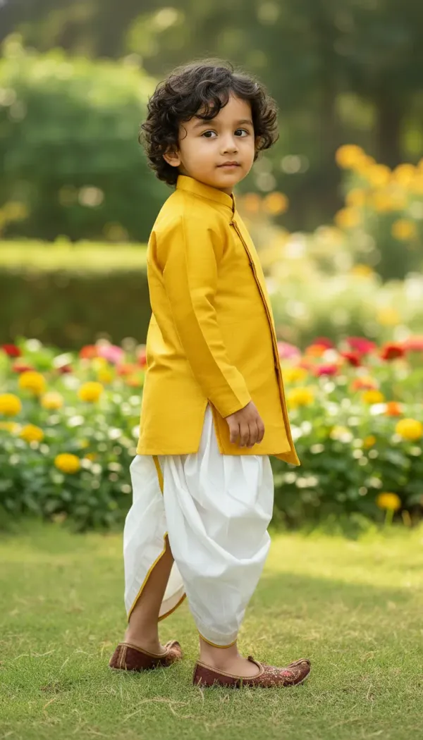 Yellow_&_White_Premiumsilk_&_Art_Silk_&_Cotton_Silk_Embroidered_Lion_Mottif_Sherwani_Set_For_Kids