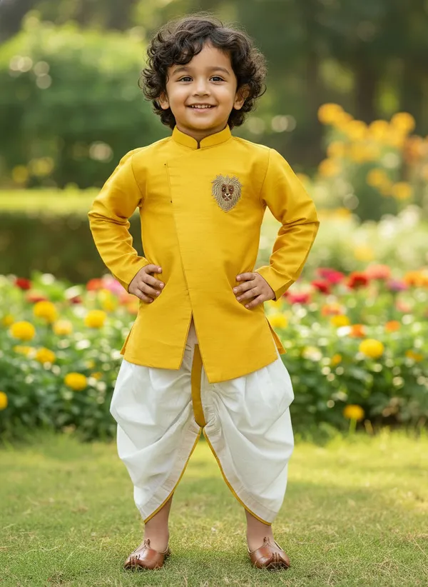 Yellow_&_White_Premiumsilk_&_Art_Silk_&_Cotton_Silk_Embroidered_Lion_Mottif_Sherwani_Set_For_Kids
