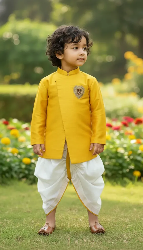 Yellow_&_White_Premiumsilk_&_Art_Silk_&_Cotton_Silk_Embroidered_Lion_Mottif_Sherwani_Set_For_Kids