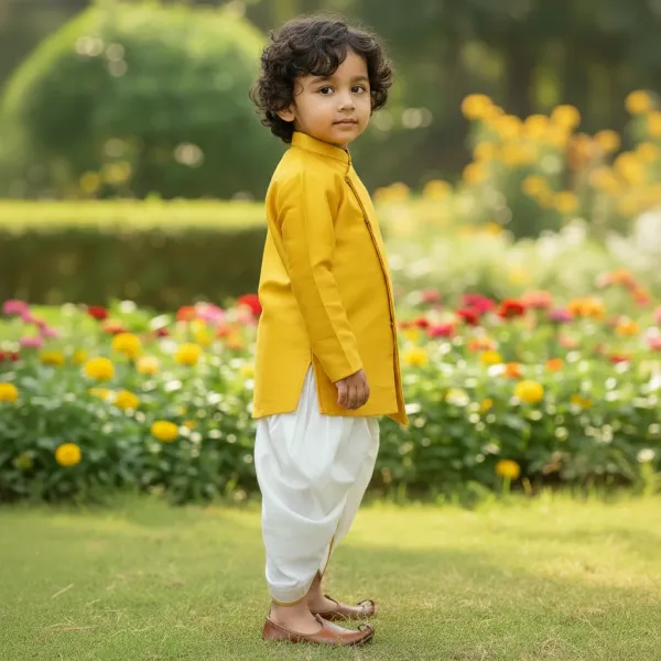 Yellow_&_White_Premiumsilk_&_Art_Silk_&_Cotton_Silk_Embroidered_Lion_Mottif_Sherwani_Set_For_Kids