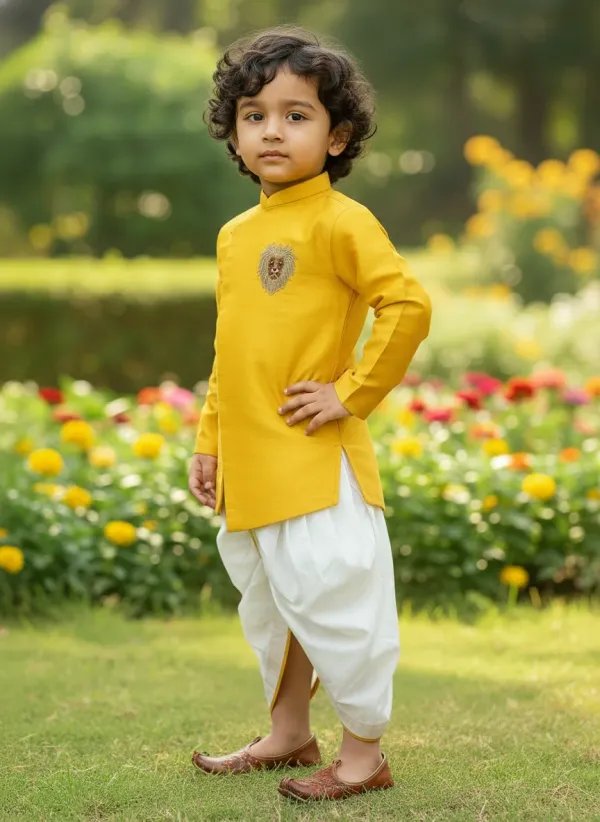 Yellow_&_White_Premiumsilk_&_Art_Silk_&_Cotton_Silk_Embroidered_Lion_Mottif_Sherwani_Set_For_Kids
