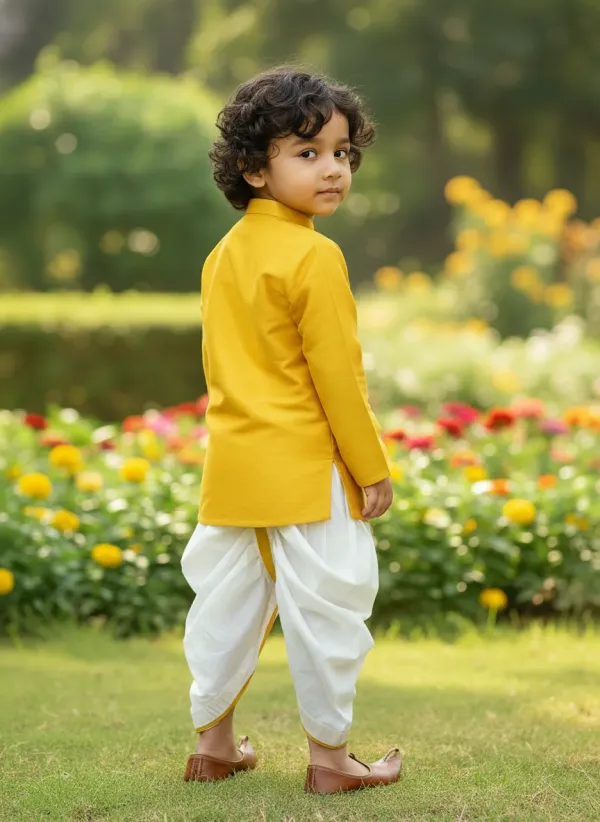 Yellow_&_White_Premiumsilk_&_Art_Silk_&_Cotton_Silk_Embroidered_Lion_Mottif_Sherwani_Set_For_Kids