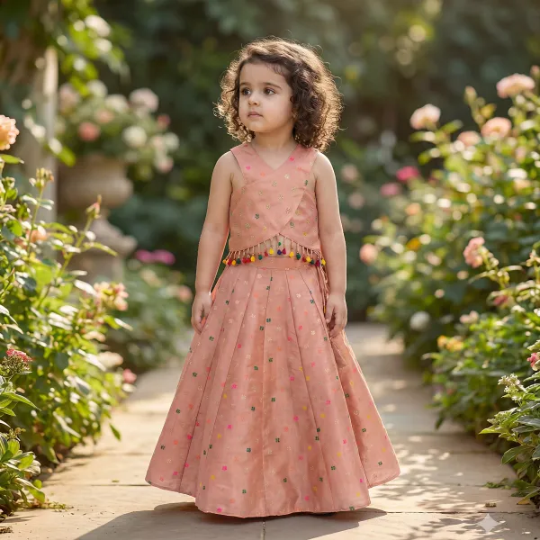 Peach_Premiumpremium_Soft_Silk_&_Cotton_Lining_Sleveless_Woven_Motifs_Waist_Tussels_Detailing_Top_&_Lehenga_For_Kids