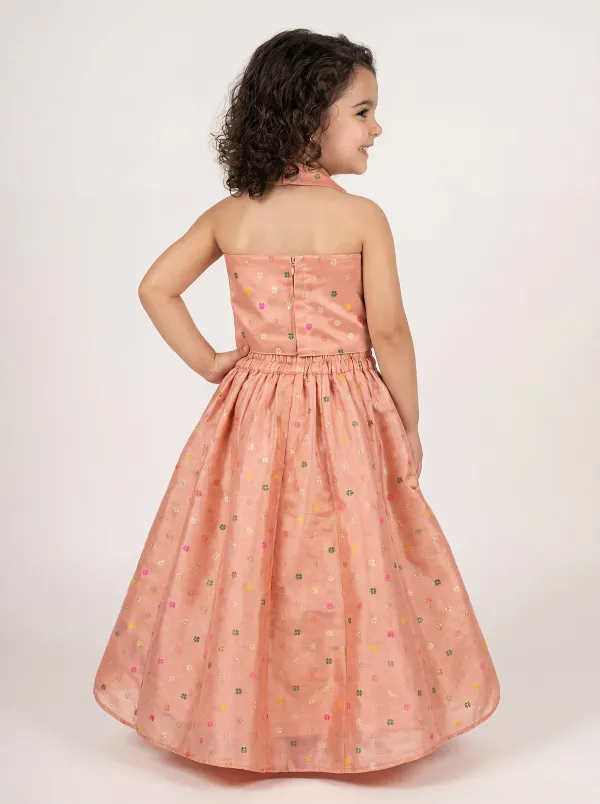 Peach_Premiumpremium_Soft_Silk_&_Cotton_Lining_Sleveless_Woven_Motifs_Waist_Tussels_Detailing_Top_&_Lehenga_For_Kids
